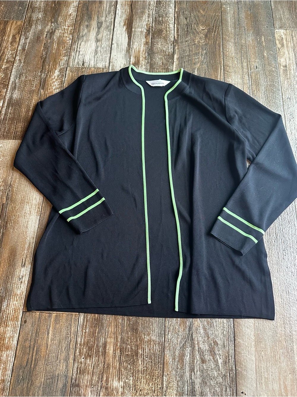Vintage Exclusively Misook Cardigan Sweater Black Knit Green Open Front Womens M